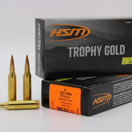 HSM AMMUNITION 243 WIN 87GR BERGER HNT VLD 20RD BOX 25 BOXES PER CASE