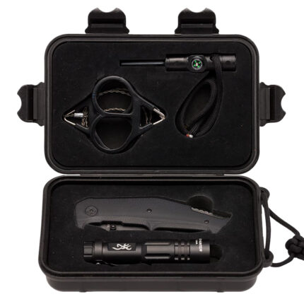 Browning 3220288 Outdoorsman Survival Kit 3.50" Folding Drop Point Plain Black Stonewashed 8Cr13MoV SS Blade/Black G10 Handle Includes Storage Case/Flashlight/Wire Saw/Fire Flint/Compass/Whistle