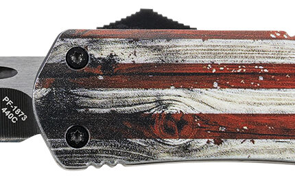 Templar Knife LWUS231 Gen II Wood US Flag Large 3.50" OTF Tanto Plain Black Oxide Stonewashed 440C SS Blade, 5.25" Painted Wood Grain US Flag Aluminum Handle, Glass Breaker