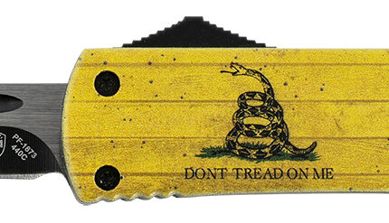 Templar Knife MDTOM331 Gen II Don't Tread On Me Slim 3.50" OTF Drop Point Plain Black Oxide Stonewashed 440C SS Blade, 5.05" Yellow w/Flag & "Don't Tread On Me" Aluminum Handle, Glass Breaker