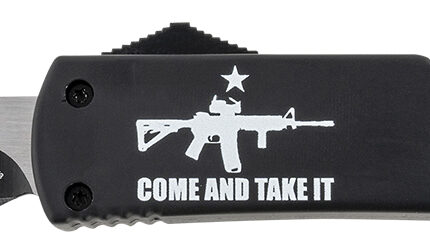 Templar Knife MAR15231 Gen II Come And Take It Slim 3.43" OTF Tanto Plain Black Oxide Stonewashed 440C SS Blade, 5.05" Black w/ "Come And Take It" AR-15 Gun Aluminum Handle, Glass Breaker