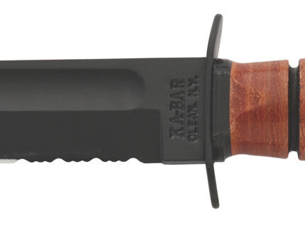 Ka-Bar 1252 USMC 5.25" Fixed Clip Point Part Serrated Black 1095 Cro-Van Blade, Brown Leather Handle, Includes Sheath