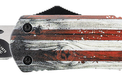 Templar Knife LWUS331 Gen II Wood US Flag Large 3.50" OTF Drop Point Plain Black Oxide Stonewashed 440C SS Blade, 5.25" Painted Wood Grain US Flag Aluminum Handle, Glass Breaker