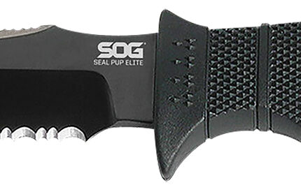 S.O.G SOGE37TK Seal Pup Elite 4.85" Fixed Clip Point Part Serrated Black Hardcased TiCN AUS-8A SS Blade/Black w/Grip Lines GRN Handle Includes Lanyard/Sheath