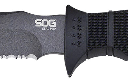 S.O.G SOGM37K Seal Pup  4.75" Fixed Clip Point Part Serrated Powder Coated AUS-8A SS Blade Black w/Raised Diamond Pattern GRN Handle Includes Sheath