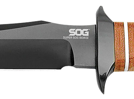 S.O.G SOGSB1TL Super SOG  7.50" Fixed Bowie Plain Black Hardcased TiCN AUS-8A SS Blade Brown Stacked Leather Washers w/Cross Guard Handle Includes Sheath