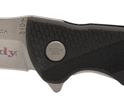 Hornady 99143   Folding Plain Satin w Laser Engraved Logo 420HC SS Blade Black GFN Handle Includes Pocket Clip