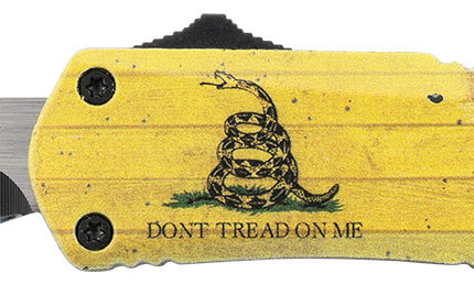 Templar Knife S-DTOM-23-1 Gen II Don't Tread On Me Small 2.69" OTF Plain Black Oxide 440C SS Blade, 4.25" Yellow w/Flag & "Don't Tread On Me" Aluminum Handle, Glass Breaker