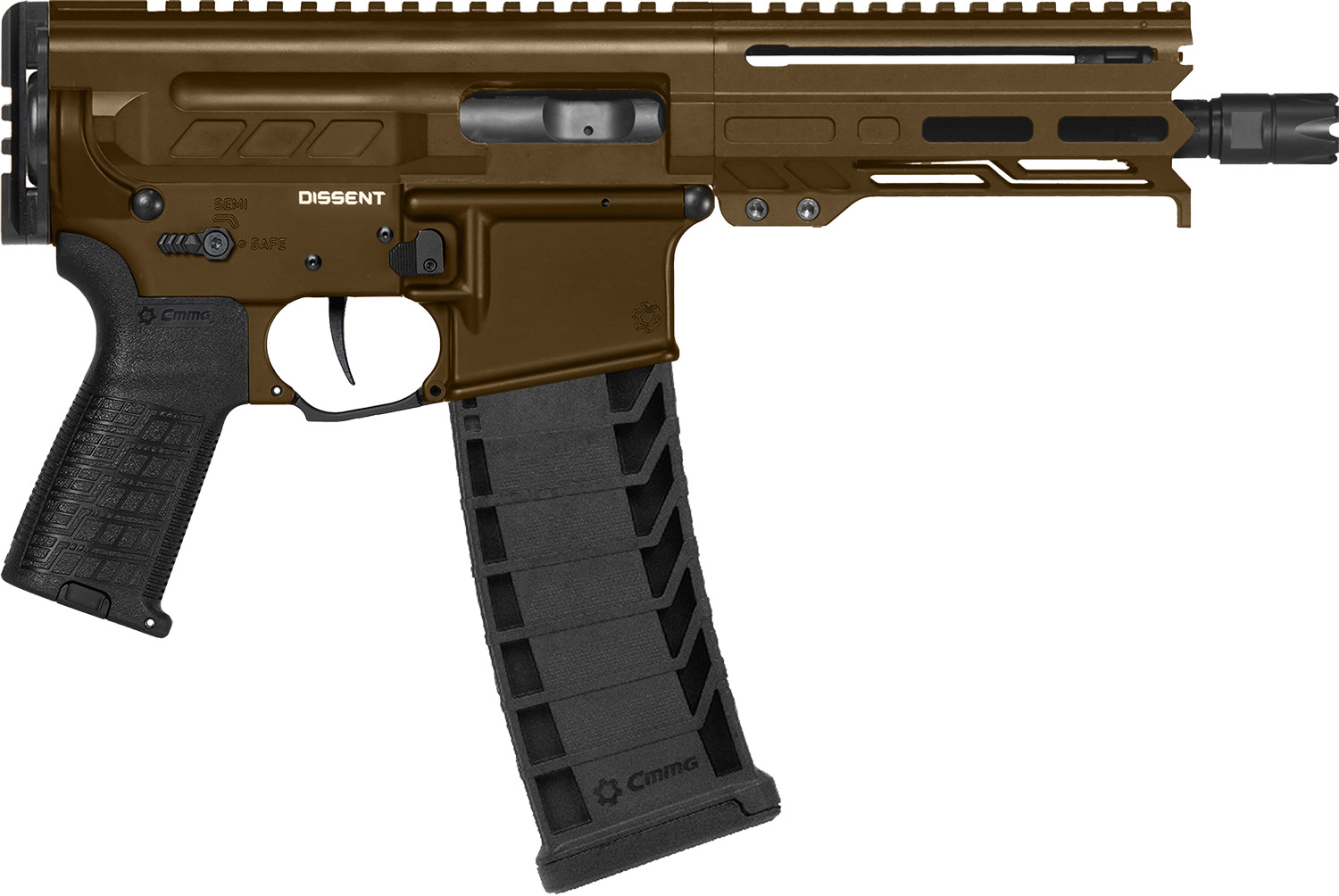CMMG 94A6867MB Dissent MK4 9mm Luger 33+1 6.50", Midnight Bronze Rec, Picatinny Brace Adapter, 5.50" M-LOK Handguard, Left Side Charging Handle, Zeroed Linear Comp, Zeroed Drop-In Single Stage Trigger