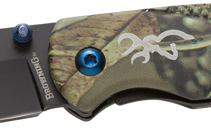 Browning 3220344 Prism 3  EDC Folding 2.38" Plain Black Oxide 7Cr17MoV SS Blade, Camo w/Brass Accents & Logo Anodized Aluminum Handle, Includes Pocket Clip