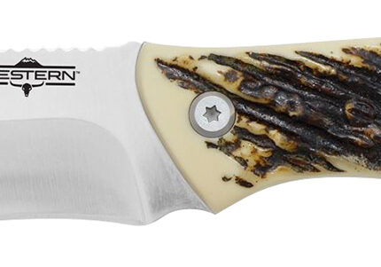 Camillus 19247 Western Crosstrail 4.25" Fixed Gut Hook Plain Silver 420 Steel Titanium Bonded Blade, Stag/Antler Delrin Handle, Includes Belt Loop/Sheath
