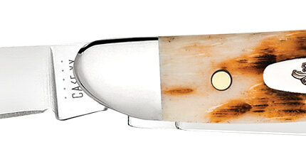 Case 00045 Peanut  2.10"/1.53" Folding Clip Point/Pen Plain Mirror Polished Tru-Sharp SS Blade, Peach Seed Jigged Amber Jigged Bone Handle