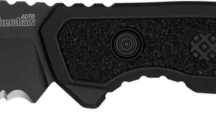 Kershaw 7105 Launch 16 Automatic 3.45" Folding Tanto Part Serrated Plain Black Cerakote CPM M4 Steel Blade, Black Cerakote Aluminum Handle