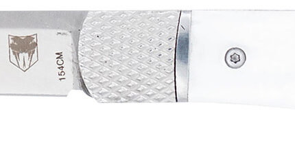 CobraTec Knives CTTHRWTABA154CM Trapper  Small 3.13" Folding Plain 154CM SS Blade, 4.25" White Abalone Scales Handle