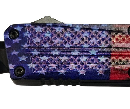 Xcaliber Knife Company  Don't Tread on Me  Small 2.75" OTF Drop Point Plain Black 440C SS Blade, 4.15" US Flag Aluminum Handle