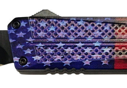 Xcaliber Knife Company Don't Tread on Me Medium 3.20" OTF Drop Point Plain Black 440C SS Blade, 4.80" US Flag Aluminum Handle