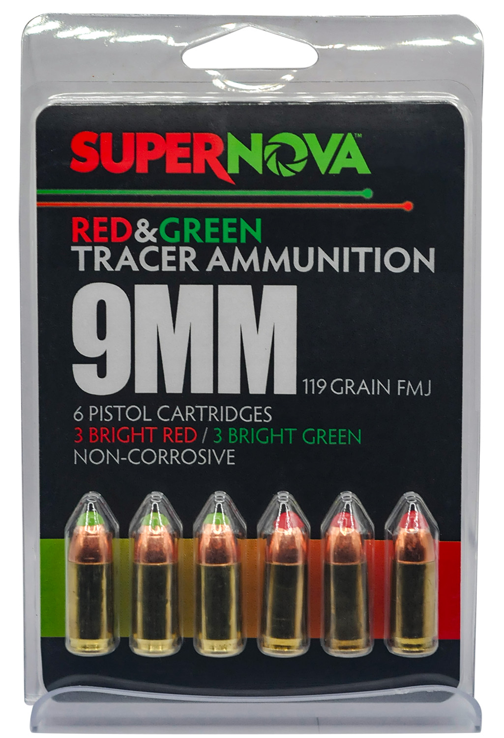 Supernova PMSN9MMMP Green/Red Tracer 9mmLuger 119Gr Full Metal Jacket 6 Per Box/60 Case