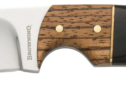 Browning 3220271 Buckmark Hunter EDC 3.13" Fixed Drop Point, Plain Mirror Polished 8Cr14MoV SS Blade, Black/Zebra Finger Grooved w/Brass Accents Hardwood Handle, Includes Sheath