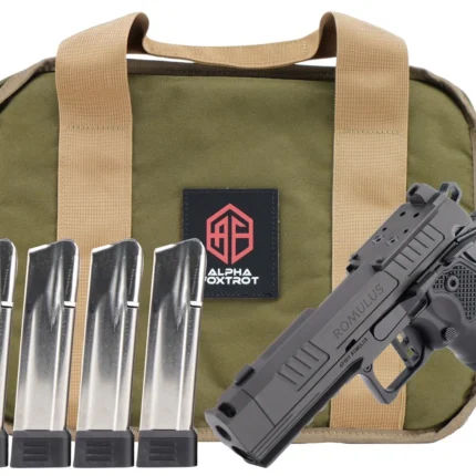 Alpha Foxtrot AA47X1QIG-XDBK20-PROM AF1911 Romulus Promo 9mm Luger 20+1 3.50" Black DLC Threaded Compensated Barrel, Black DLC Stainless Steel Optic Ready/Serrated Slide & Frame w/Beavertail & Picatin