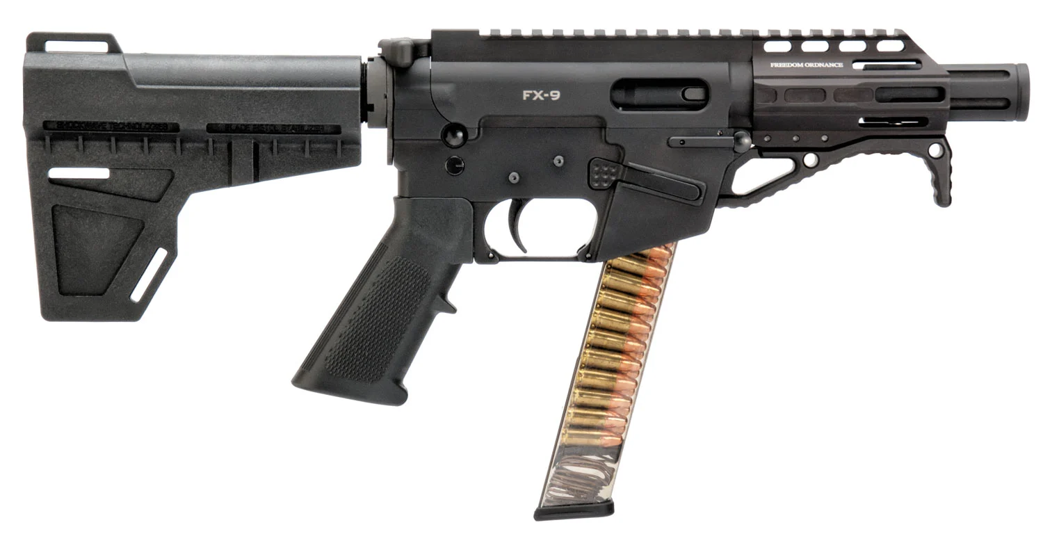 Freedom Ordnance FX9P4 FX-9 9mm Luger 31+1 4.50" Black Nitride Chromoly Steel Barrel Black Hard Coat Anodized Black KAK Shockwave Pistol Brace Black Polymer Grips Right Hand
