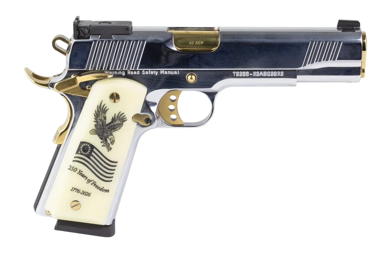Girsan 391096 MC1911 USA 250th 45 ACP 8+1 5" Polished Chrome Stainless Steel Serrated Slide & Frame w/Beavertail, Eagle w/Flag Grip