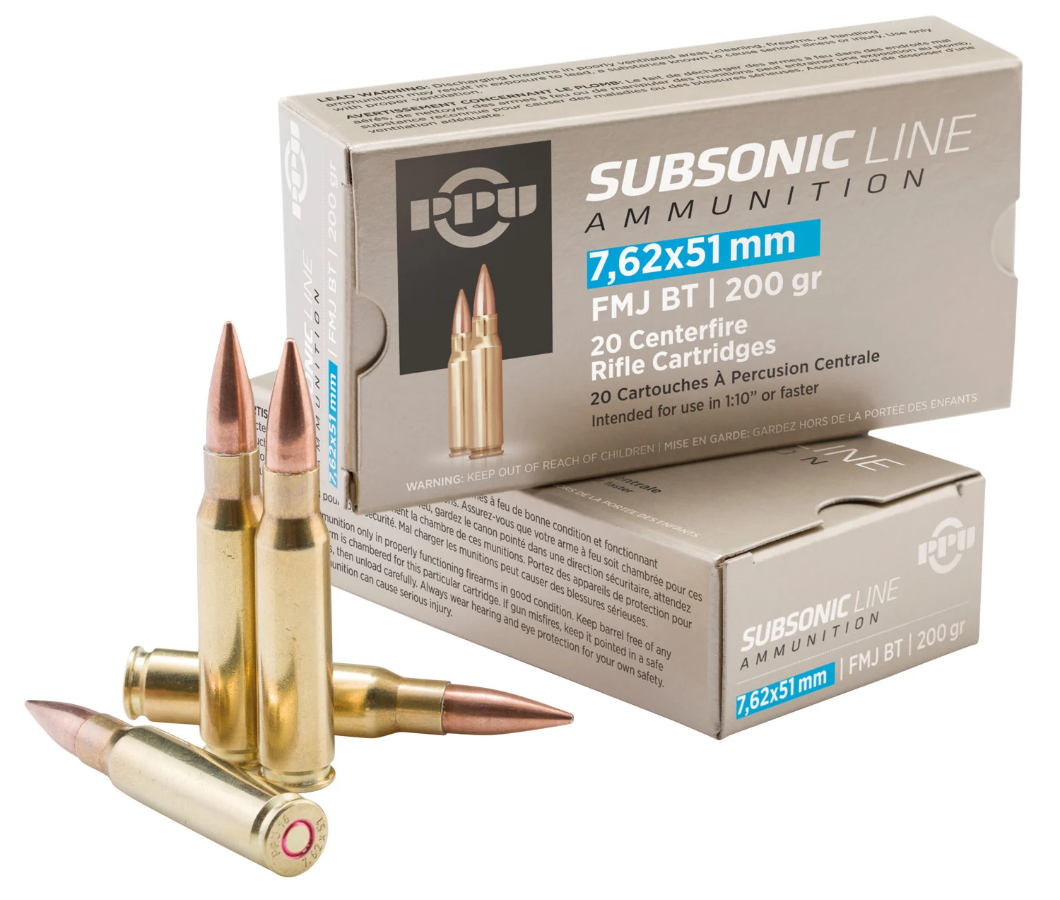 PPU PPS762 Subsonic 7.62x51mmNATO 200gr Full Metal Jacket Boat Tail 20 Per Box/10 Case