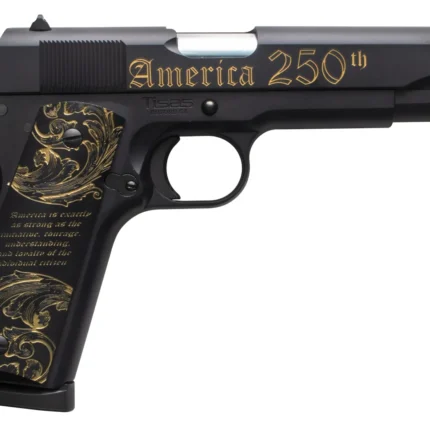 Tisas Arms 10100518US250 1911 America's 250th Full Size 45 ACP 7+1 5" Stainless Barrel, Black w/Gold Engraving Steel Serrated Slide, Black w/Gold Engraving Steel Frame w/Beavertail, Black w/Gold Accen