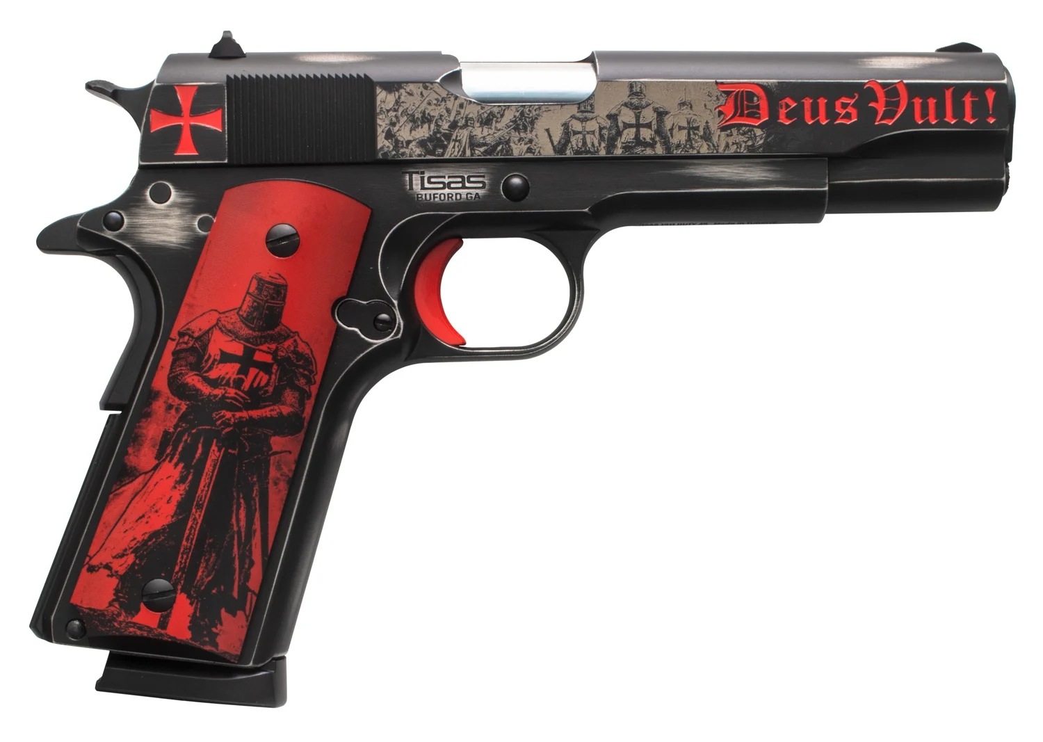 Tisas Arms 10100518AA2 1911 Crusader Full Size Frame 45 ACP 7+1 5" Steel Serrated Slide, Distressed Graphite Cerakote Carbon Steel Frame w/Beavertail, Multi-Color Cerakote Grip