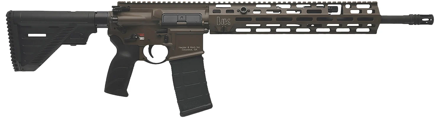 HK 81001204 MR556 A4 5.56x45mm 10+1 16.50" Black Threaded Barrel, Patriot Brown Picatinny Rail Receiver, M-LOK Handguard, 6 Position Black Synthetic Stock, Ambidextrous
