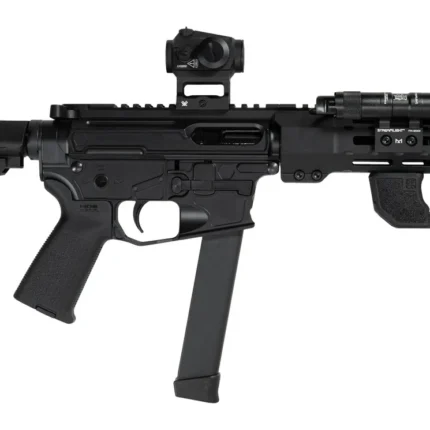 Shark Coast Tactical SCC06704SPBO9-D Sneeky Pete Deluxe w/Optic 9mm Luger 30+1 5.50" Black Melonite Threaded Barrel, Black Cerakote Receiver, SB Tactical SBA3 Brace, Vortex Crossfire Red Dot, Streamli