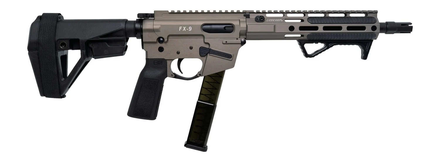 Freedom Ordance FX9P10E-FDE FX9P Elite 9mm Luger 10" Black Nitride Threaded Barrel, Flat Dark Earth Anodized Aluminum Receiver w/Picatinny Rail, M-LOK Handguard, Black Polymer SB Tactical SBA5 Brace,
